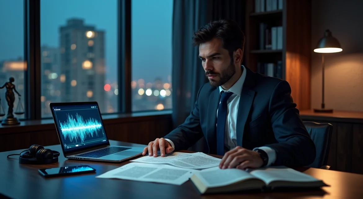 Advogado analisando gravações telefônicas em escritório de direito penal