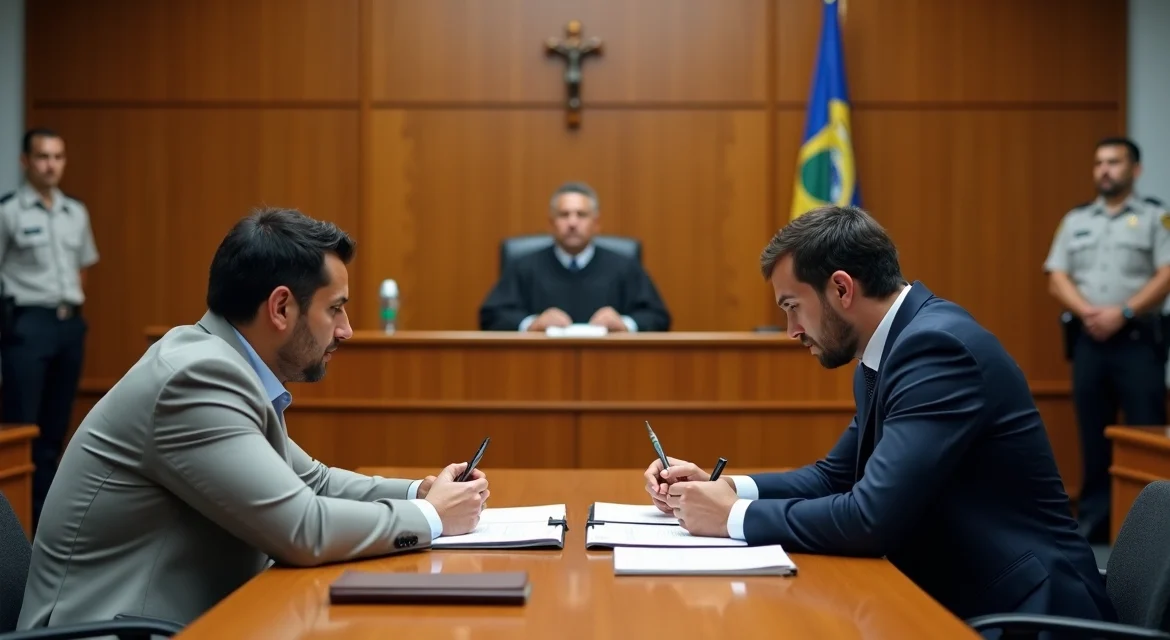 Juiz, acusado e advogado em audiência de custódia em tribunal brasileiro
