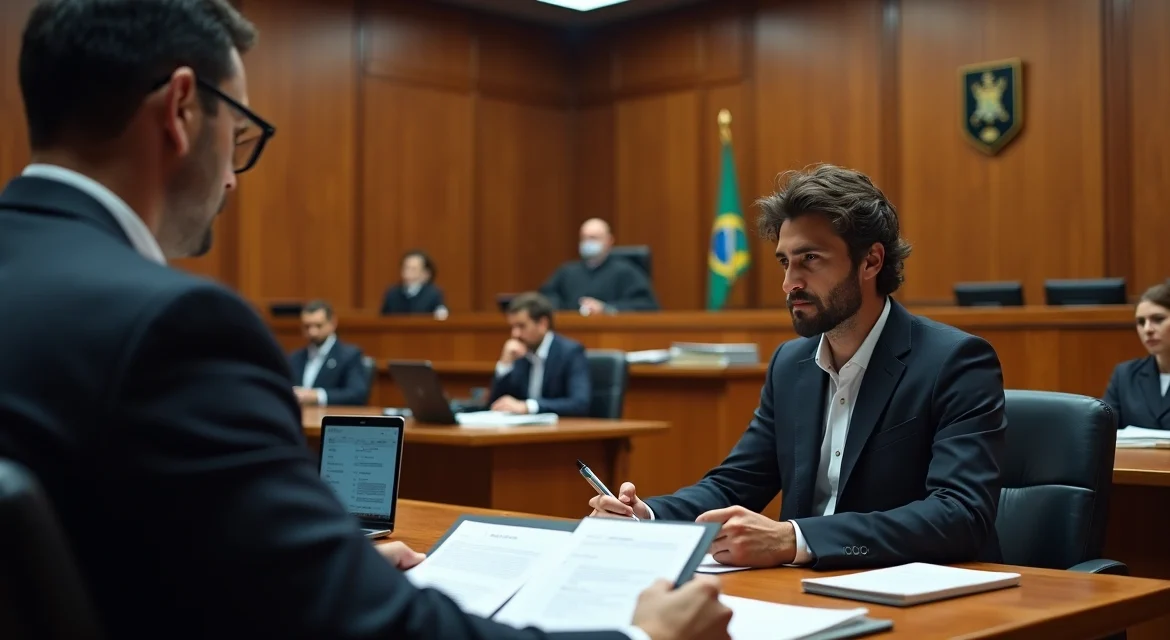 Advogado criminalista em audiência de instrução falando ao juiz enquanto o réu acompanha atento