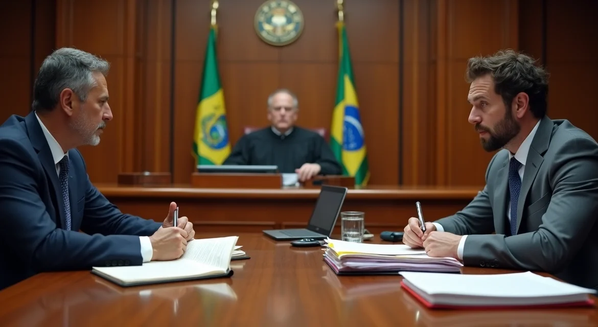 Sala de audiência com advogado e acusado firmando acordo de colaboração premiada diante de procurador e juiz