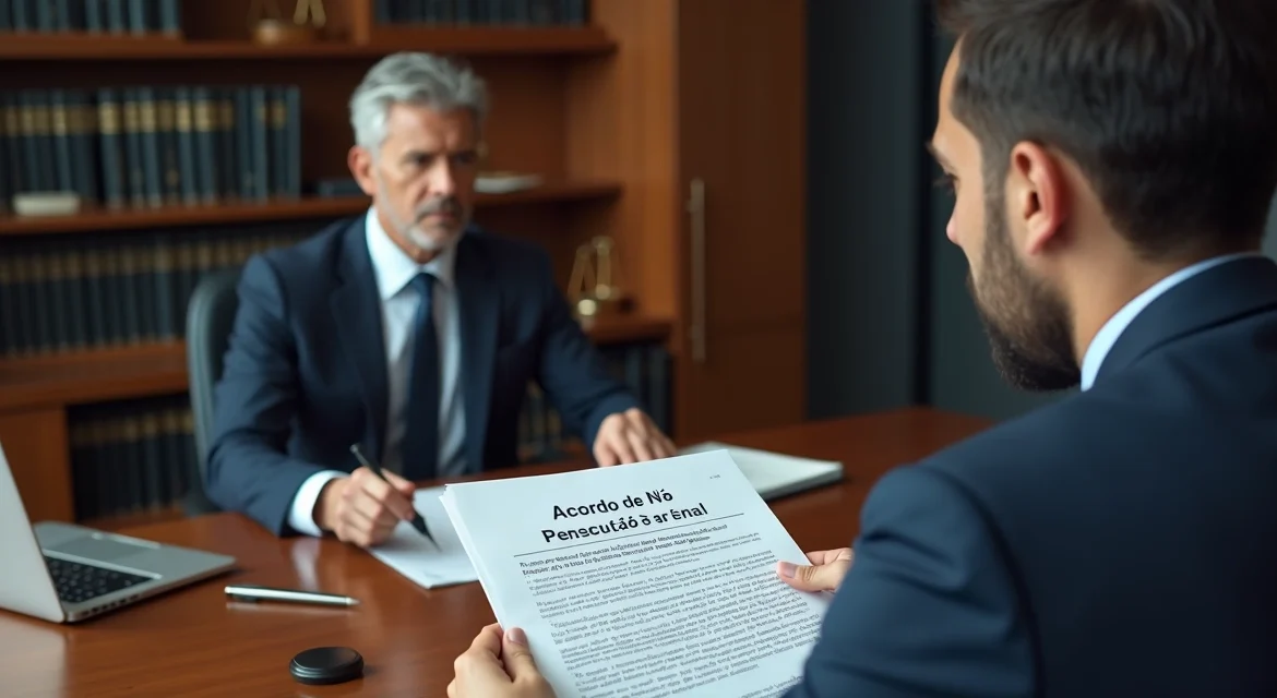 Advogado criminalista explicando acordo de não persecução penal a cliente em seu escritório