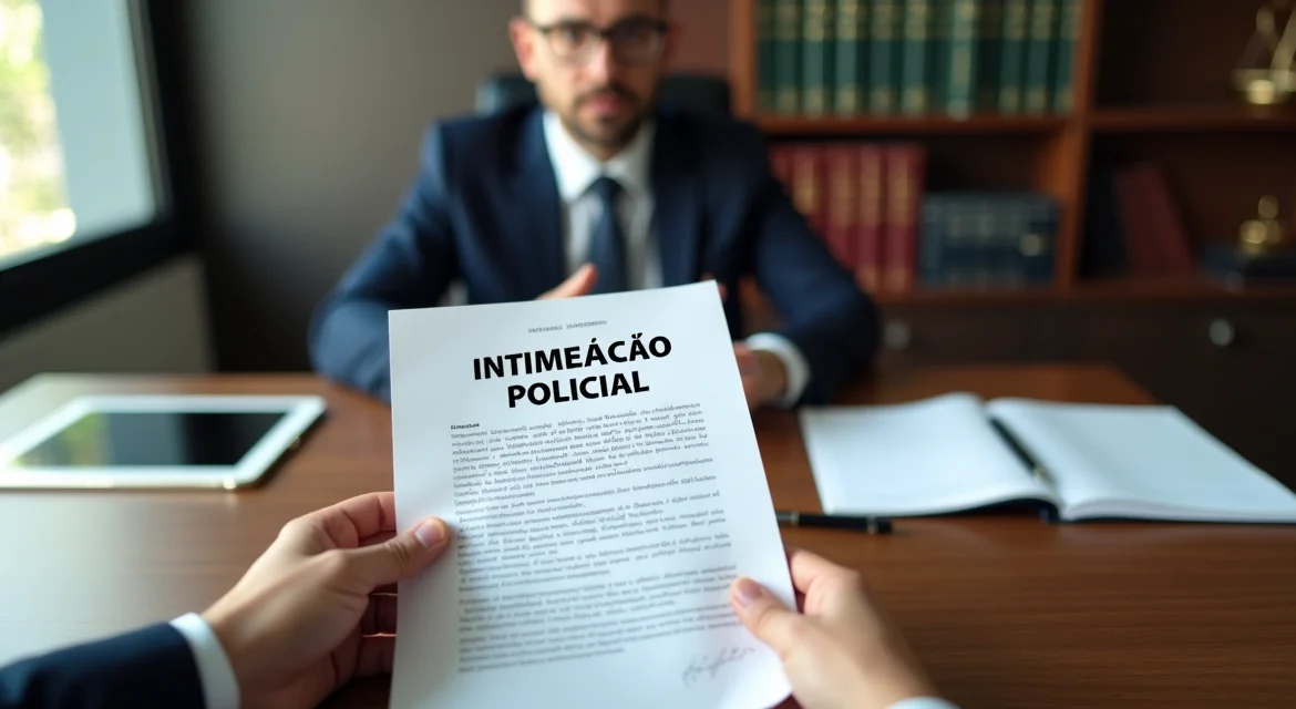 Pessoa segurando intimação policial sobre a mesa com advogado ao lado