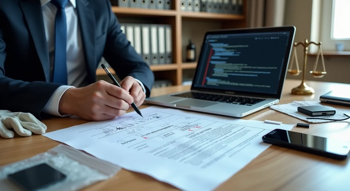 Perito analisa laudo criminal em mesa com provas digitais